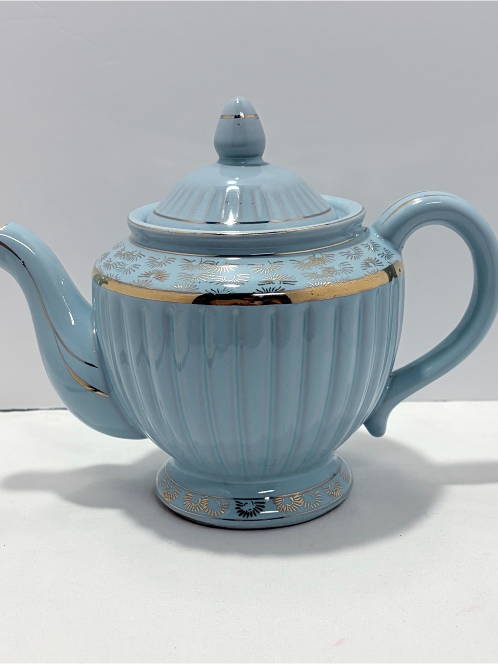 Vintage Light Blue Porcelain Teapot with Gold Trim - Elegant Tea Server